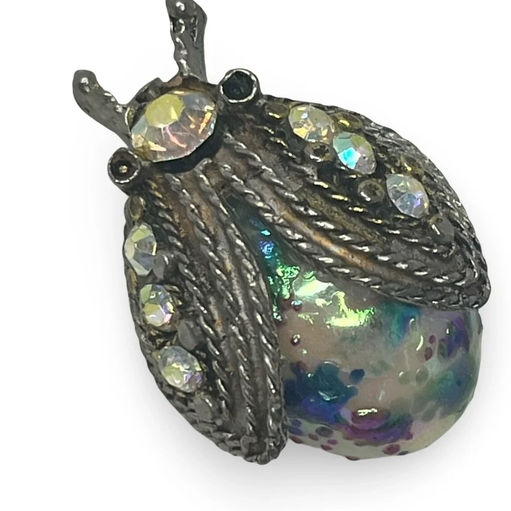 Antique Iridescent Enamel Crystal Accents Insect Brooch